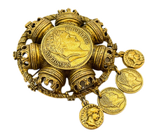Load image into Gallery viewer, Vintage gold NAPOLEON EMPEREUR Etruscan byzantine dangle coin designer runway brooch
