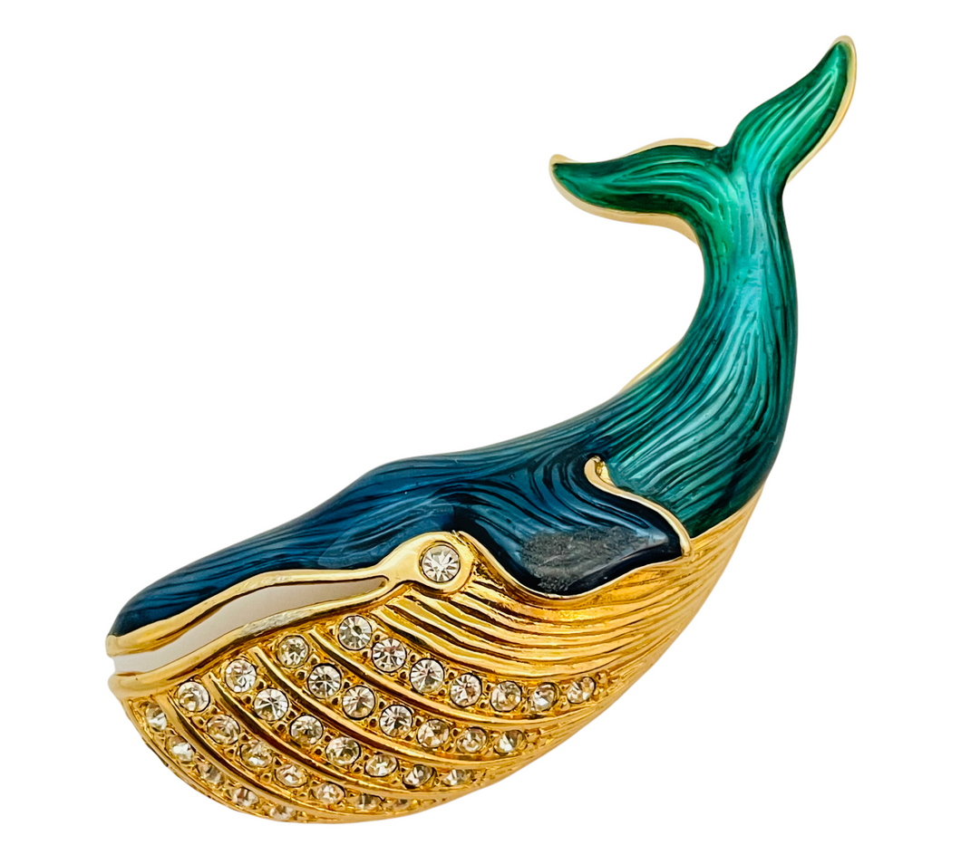 Vintage SWAROVSKI swan signed gold enamel whale rhinestone designer runway brooch