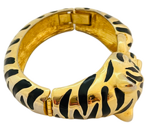 Load image into Gallery viewer, Vintage gold enamel tiger cat emerald eyes designer runway bangle bracelet
