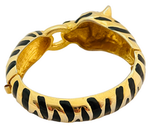 Load image into Gallery viewer, Vintage gold enamel tiger cat emerald eyes designer runway bangle bracelet
