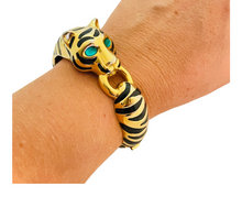 Load image into Gallery viewer, Vintage gold enamel tiger cat emerald eyes designer runway bangle bracelet
