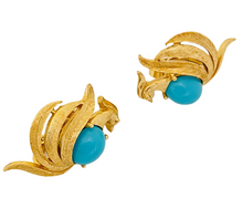 Load image into Gallery viewer, Vintage AVON bird gold turquoise designer clip on earrings
