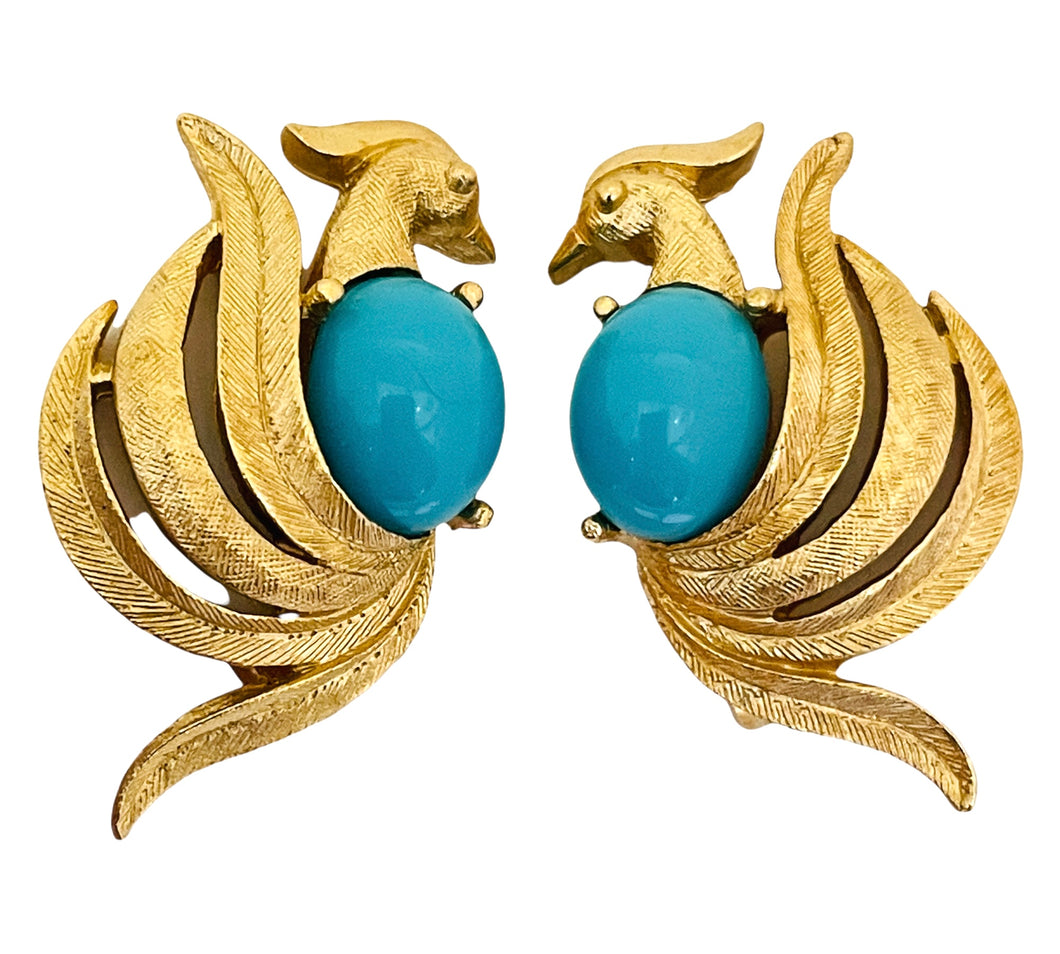 Vintage AVON bird gold turquoise designer clip on earrings