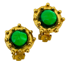 Load image into Gallery viewer, Vintage gold green glass designer runway clip on earrings
