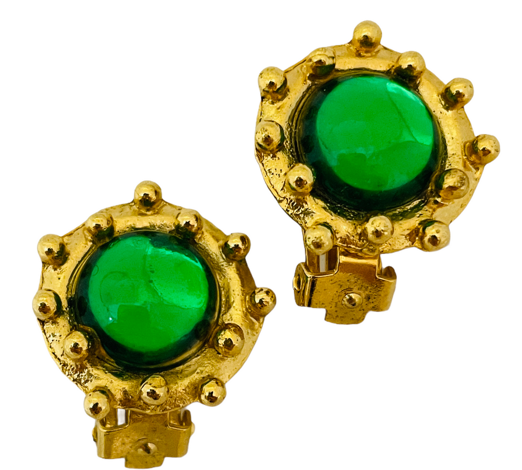 Vintage gold green glass designer runway clip on earrings