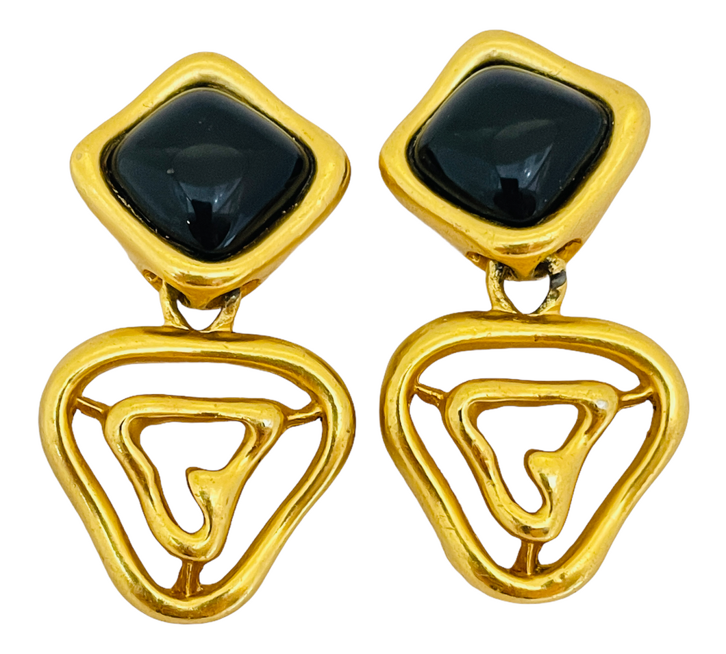 Vintage gold black modernist dangle designer runway clip on earrings