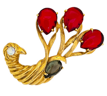 Load image into Gallery viewer, Vintage ELSA SCHIAPARELLI gold jewel red glass peacock designer runway brooch
