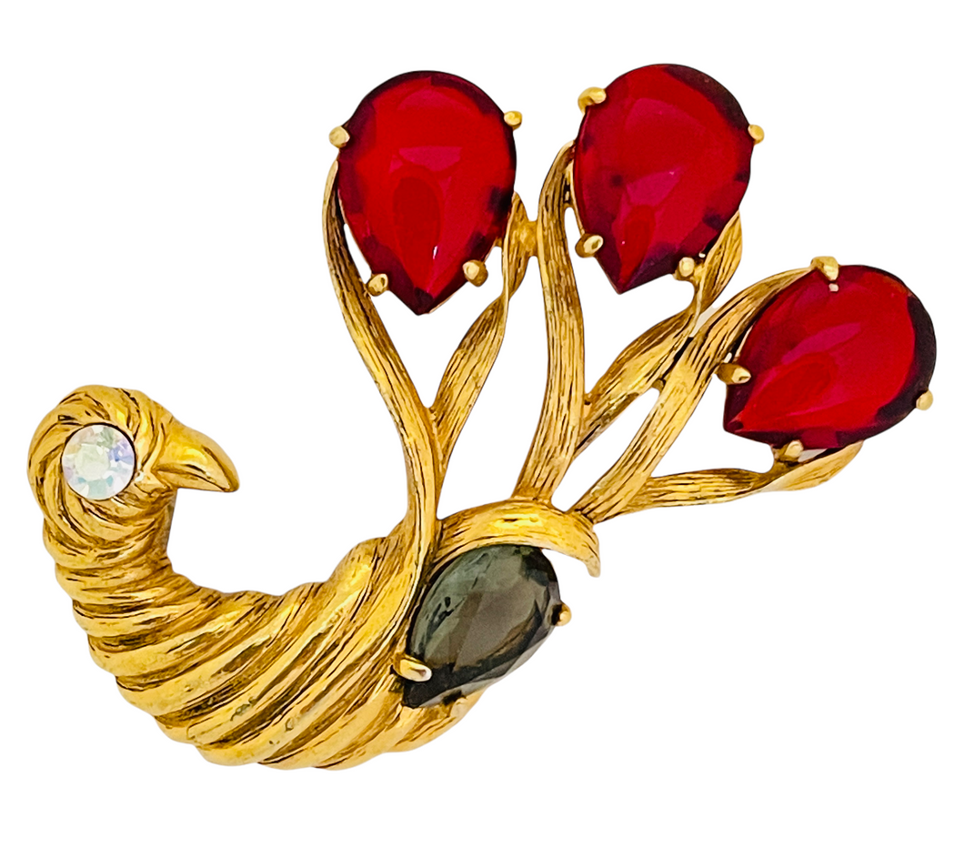 Vintage ELSA SCHIAPARELLI gold jewel red glass peacock designer runway brooch