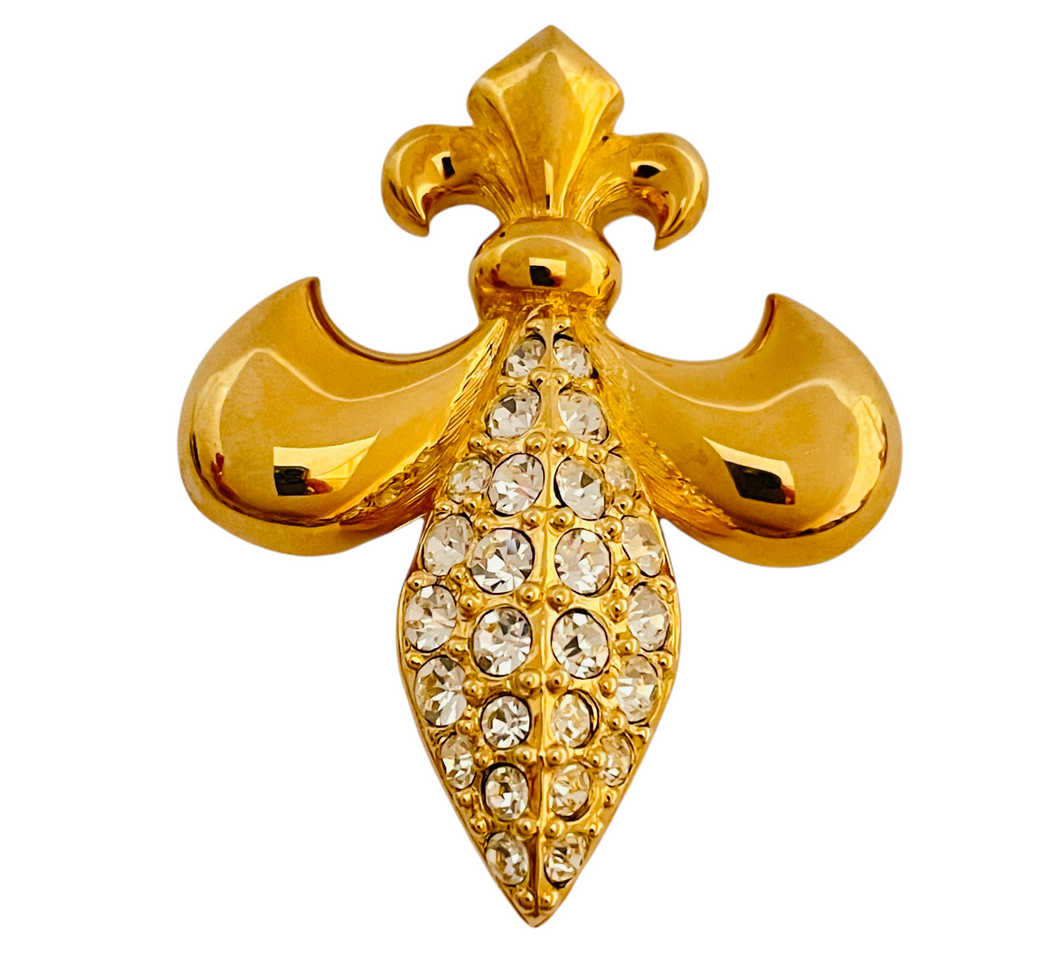 Vintage SWAROVSKI gold crystal Fleur De Lis designer runway brooch