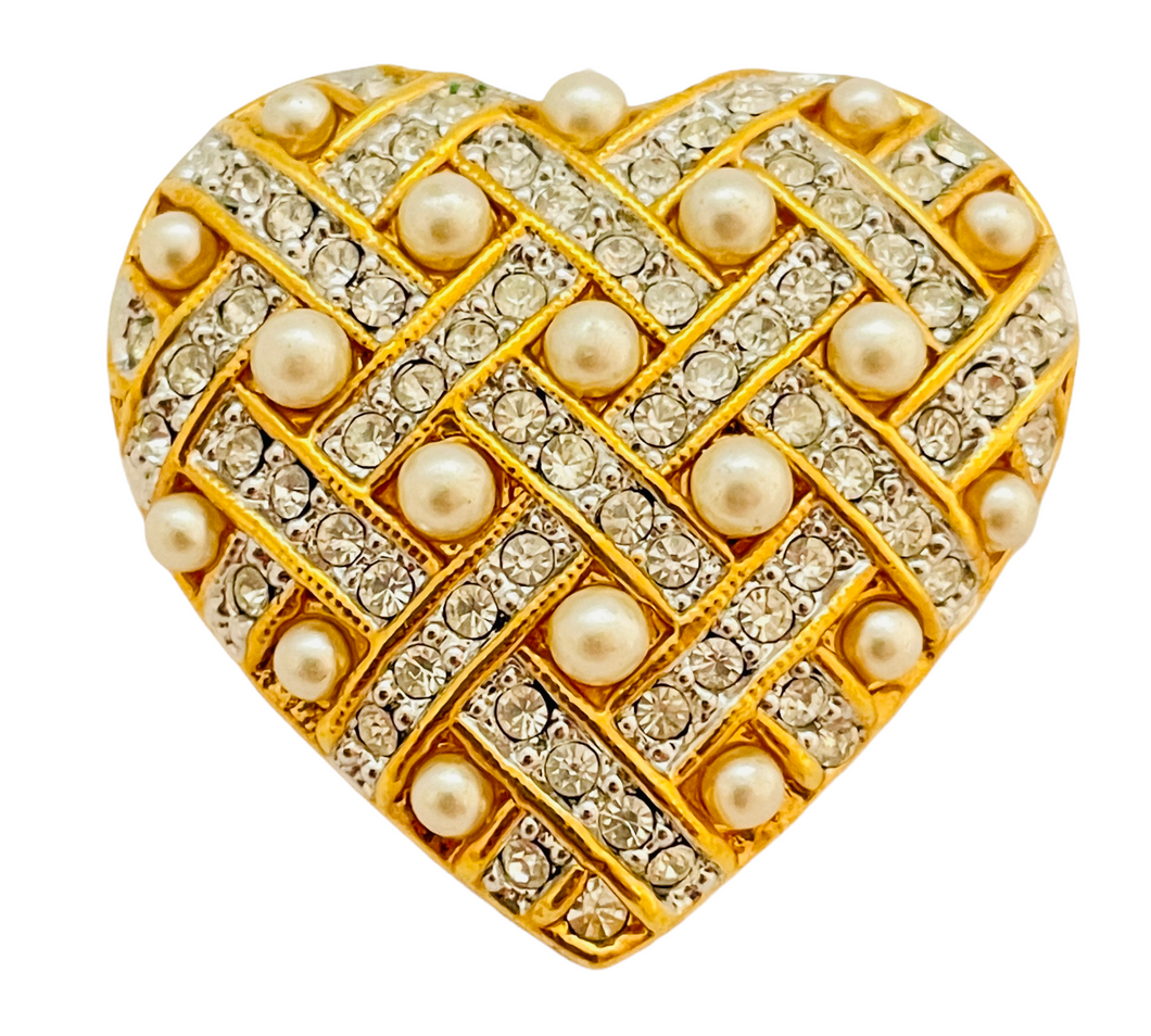 Vintage gold rhinestone pearl heart designer runway brooch