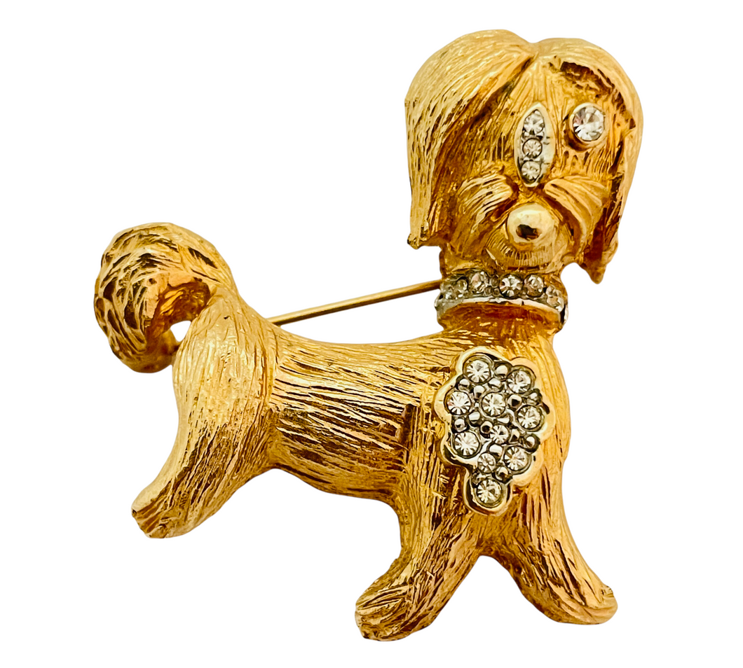 Vintage dog gold rhinestones designer runway brooch