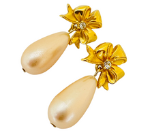 Load image into Gallery viewer, Vintage gold bow drop pearl rhinestone designer runway pierced earrings

