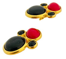 Load image into Gallery viewer, Vintage gold red black cabochon designer runway clip on earrings
