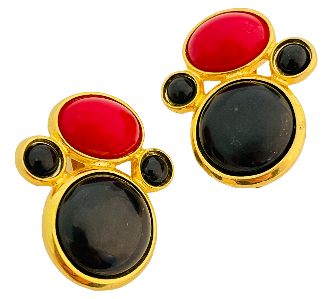 Vintage gold red black cabochon designer runway clip on earrings