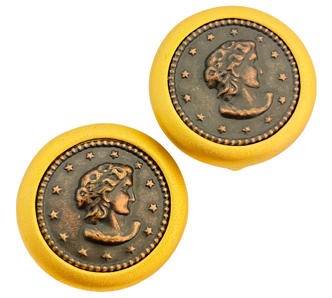 Vintage matte gold coin designer runway clip on earrings
