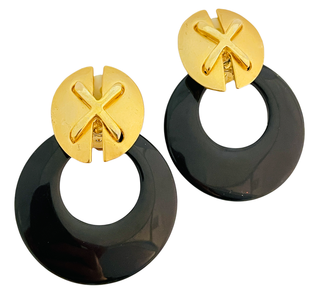 Vintage gold black door knocker designer runway clip on earrings