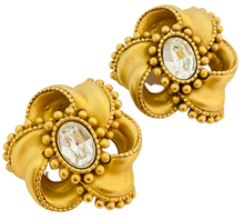 Load image into Gallery viewer, Vintage DKNY DONNA KARAN gold glass flower designer runway clip on earrings
