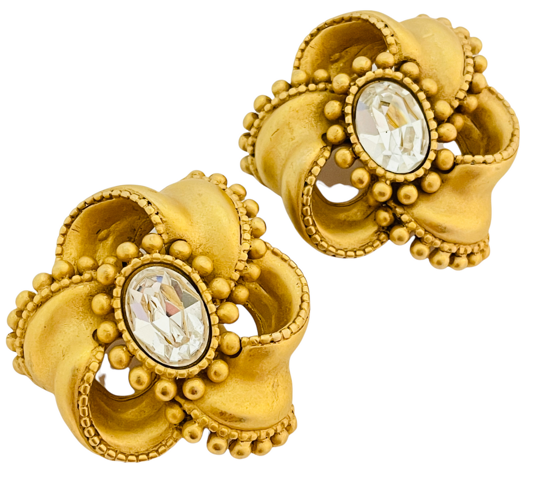 Vintage DKNY DONNA KARAN gold glass flower designer runway clip on earrings