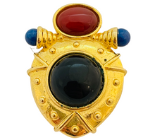 Load image into Gallery viewer, Vintage gold Etruscan faux onyx lapis carnelian designer runway brooch
