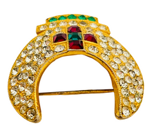 Load image into Gallery viewer, Vintage gold emerald ruby rhinestones crown cross designer runway brooch
