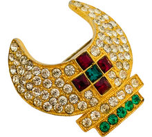 Load image into Gallery viewer, Vintage gold emerald ruby rhinestones crown cross designer runway brooch
