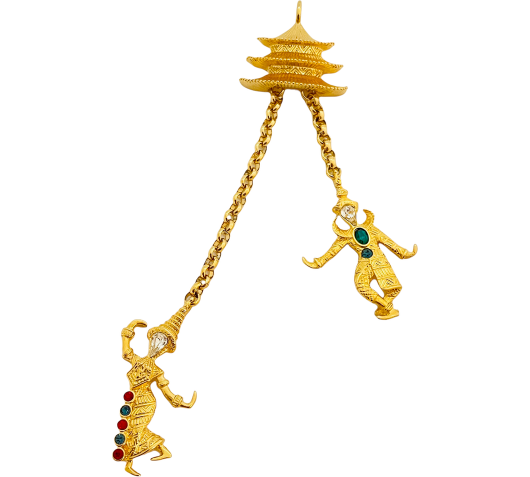 Vintage KJL KENNETH JAY LANE Asian pagoda dancers gold rhinestone designer necklace brooch
