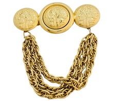 Load image into Gallery viewer, Vintage REPUBLIQUE FRANCOISE gold coin chain designer runway brooch
