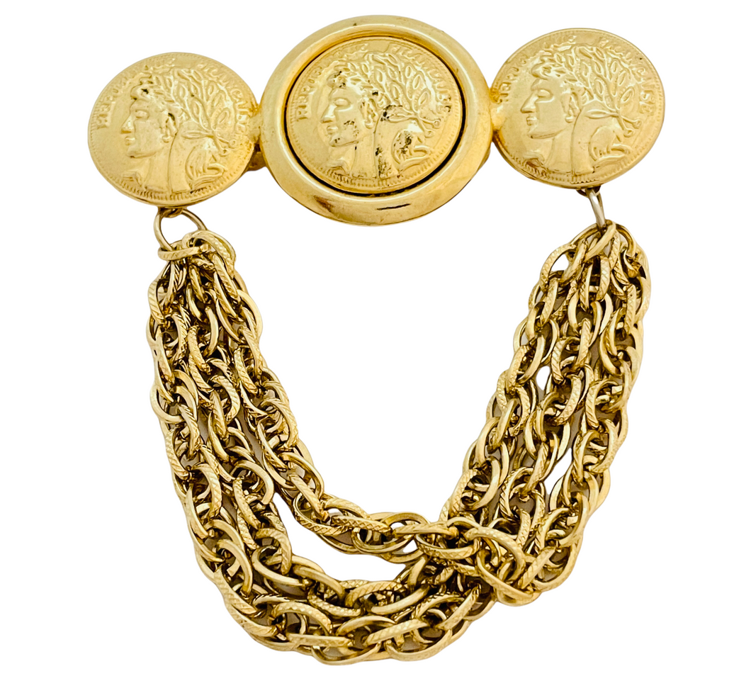 Vintage REPUBLIQUE FRANCOISE gold coin chain designer runway brooch