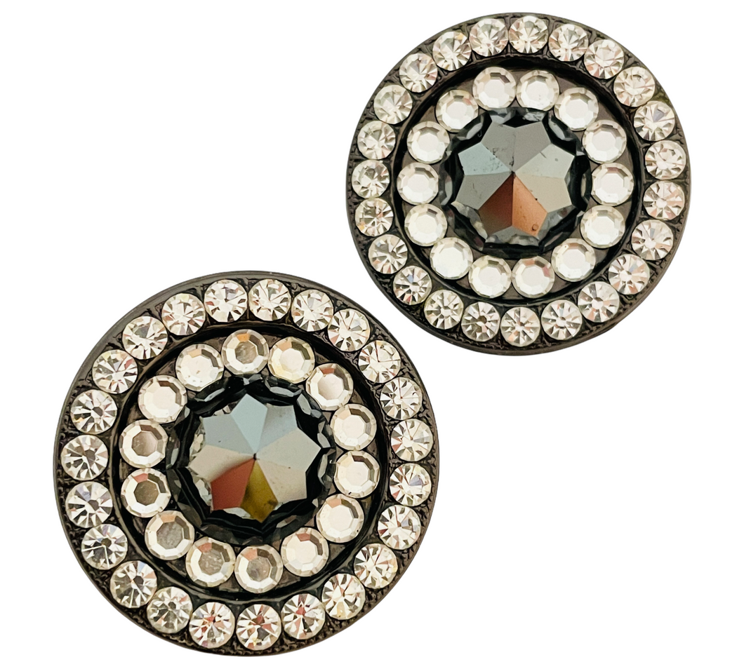 Vintage black rhinestone designer runway clip on earrings