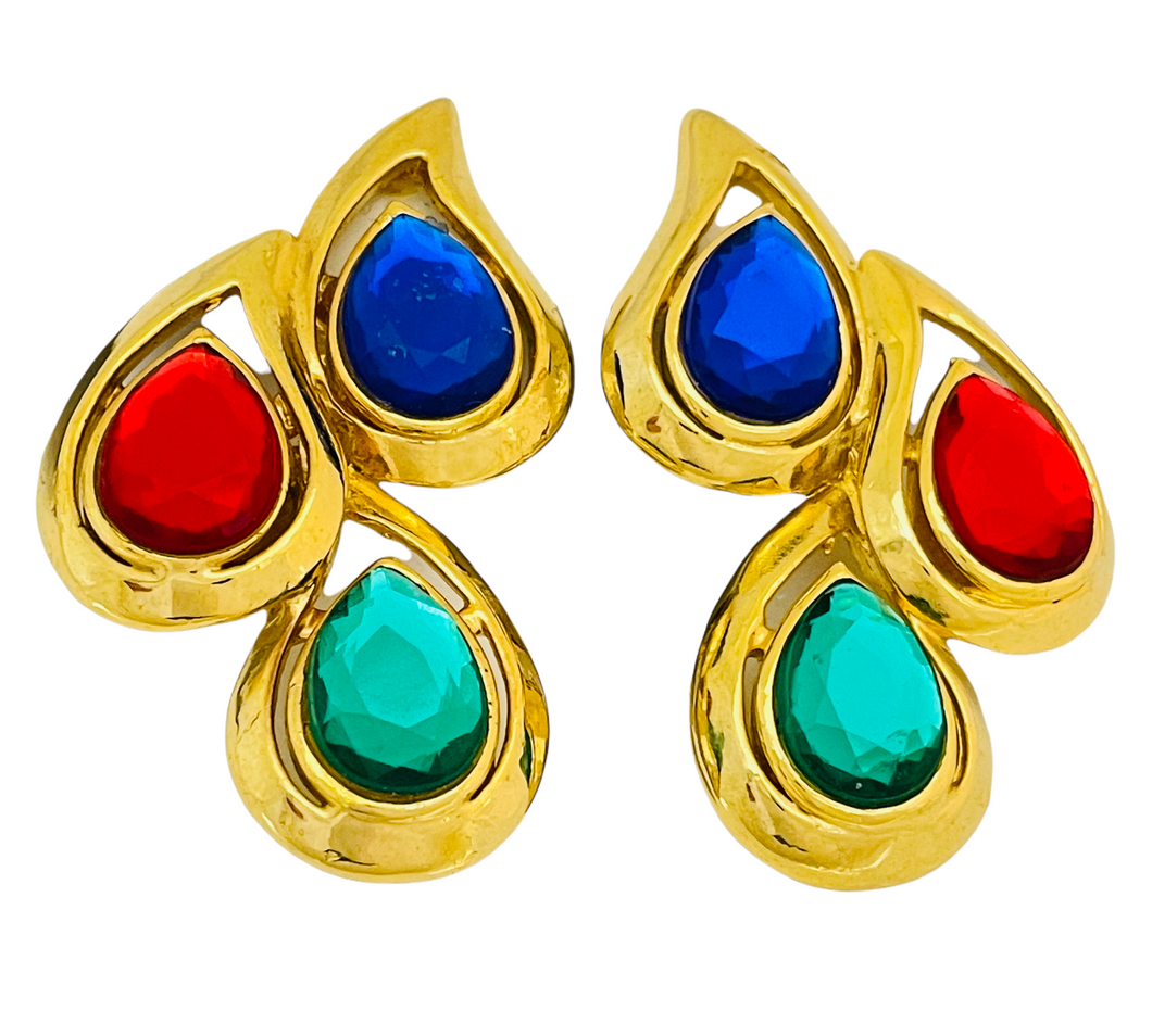 Vintage huge gold jewel glass designer runway clip on earrings