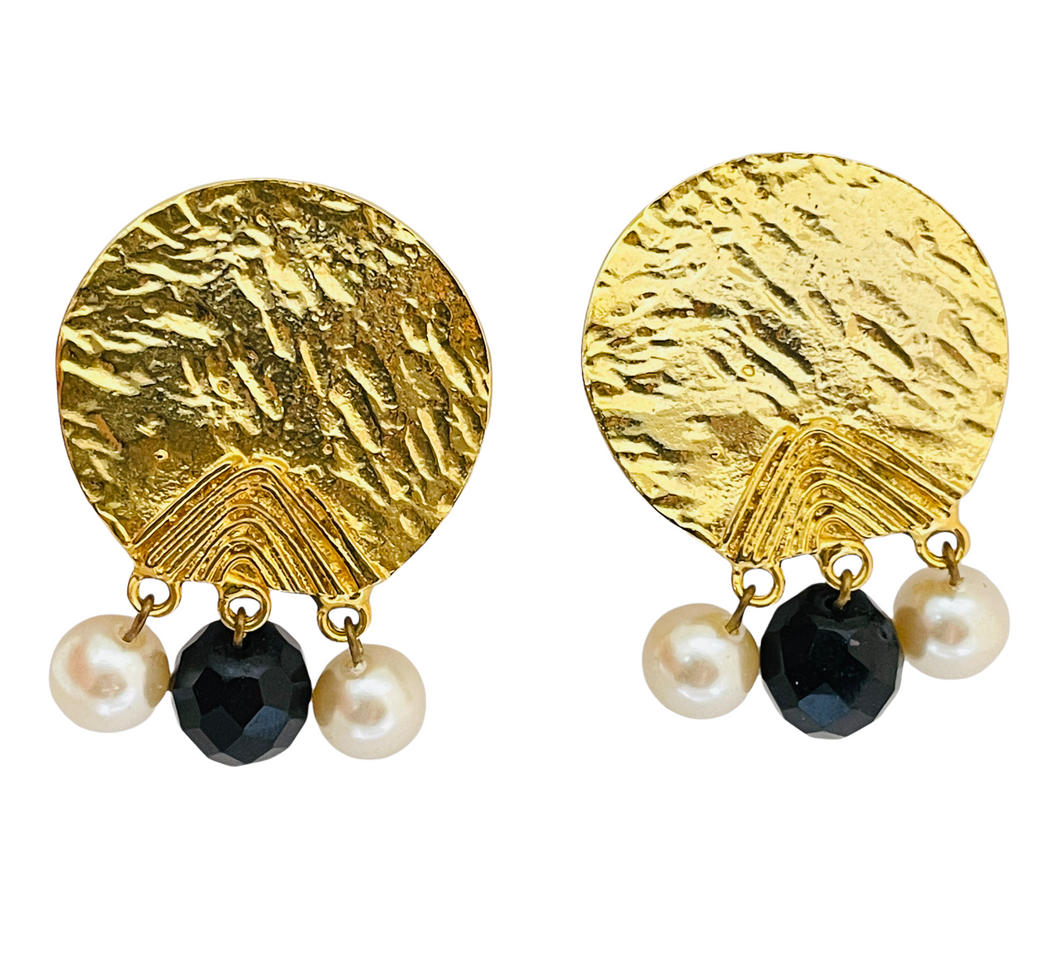 Vintage huge gold glass pearl dangle designer runway clip on earrings