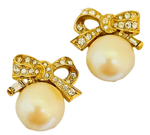 Load image into Gallery viewer, Vintage NINA RICCI gold rhinestone pearl bow designer runway clip on earrings
