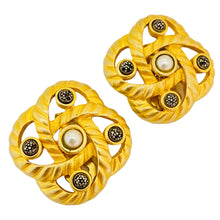 Load image into Gallery viewer, Vintage JJ signed matte gold faux pearl knot clip on earrings

