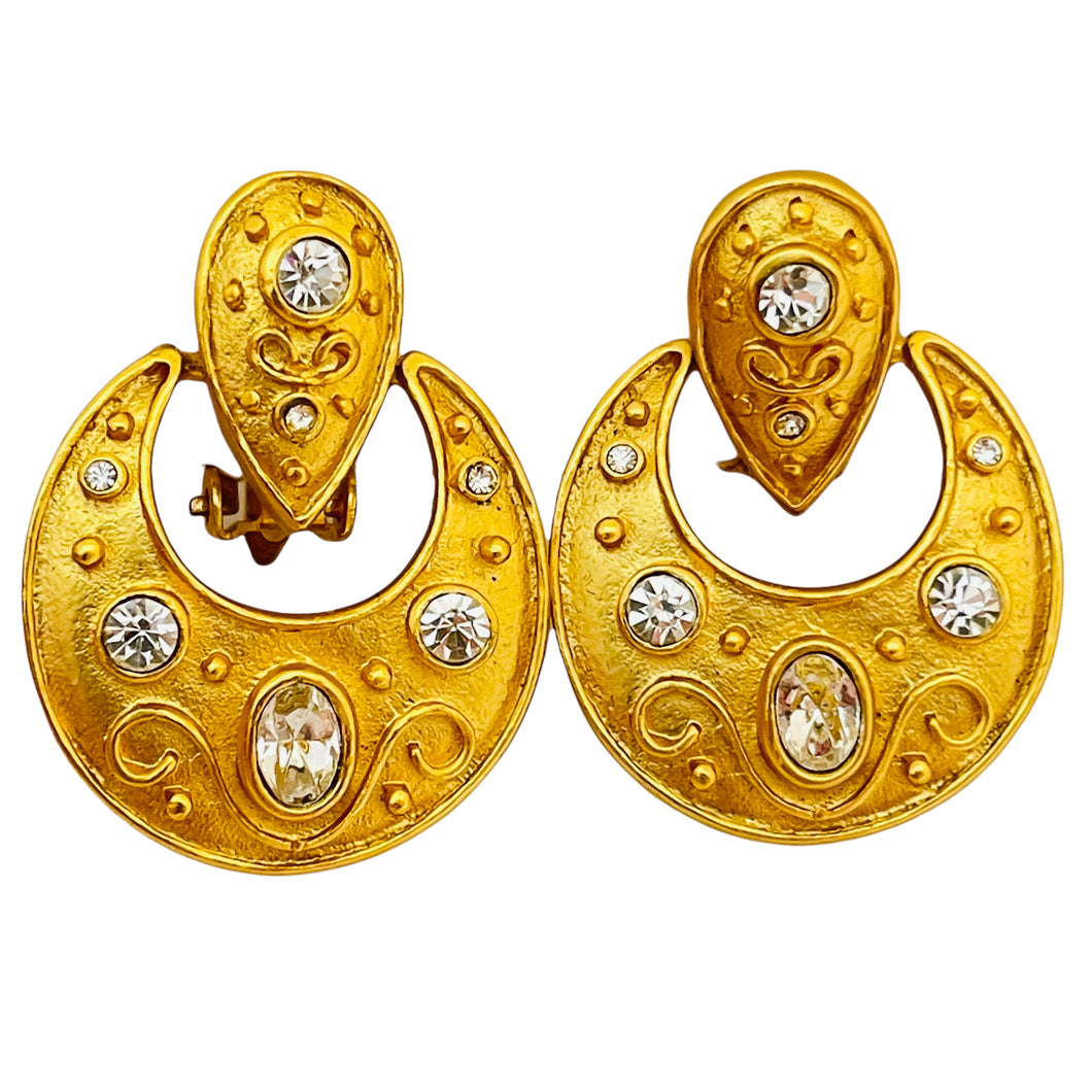 Vintage gold tone glass Etruscan style door knocker clip on designer earrings