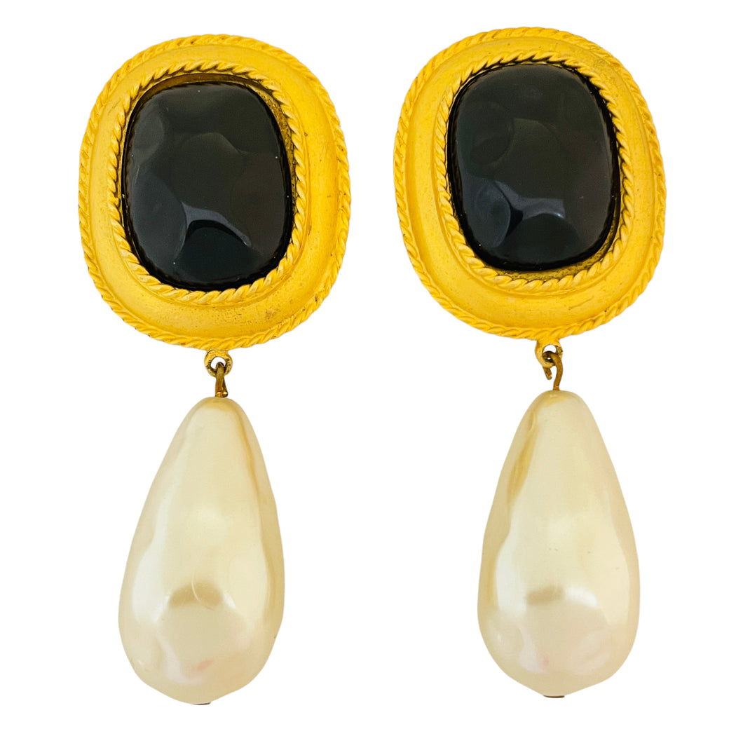Vintage ANN TAYLOR gold black glass drop pearls clip on designer earrings