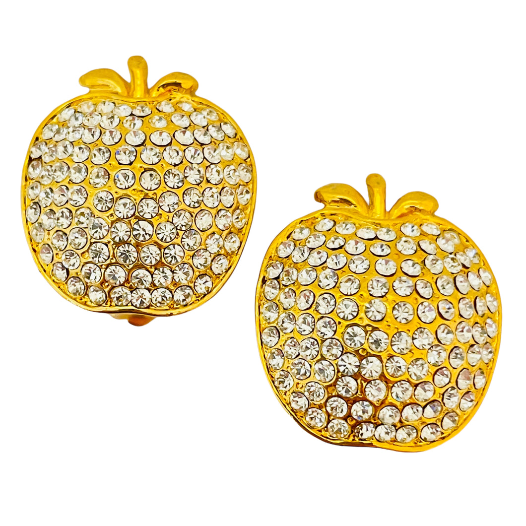 Vintage gold rhinestone apple designer runway clip on earrings