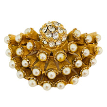 Load image into Gallery viewer, Vintage HAR gold pearl rhinestone fan designer brooch

