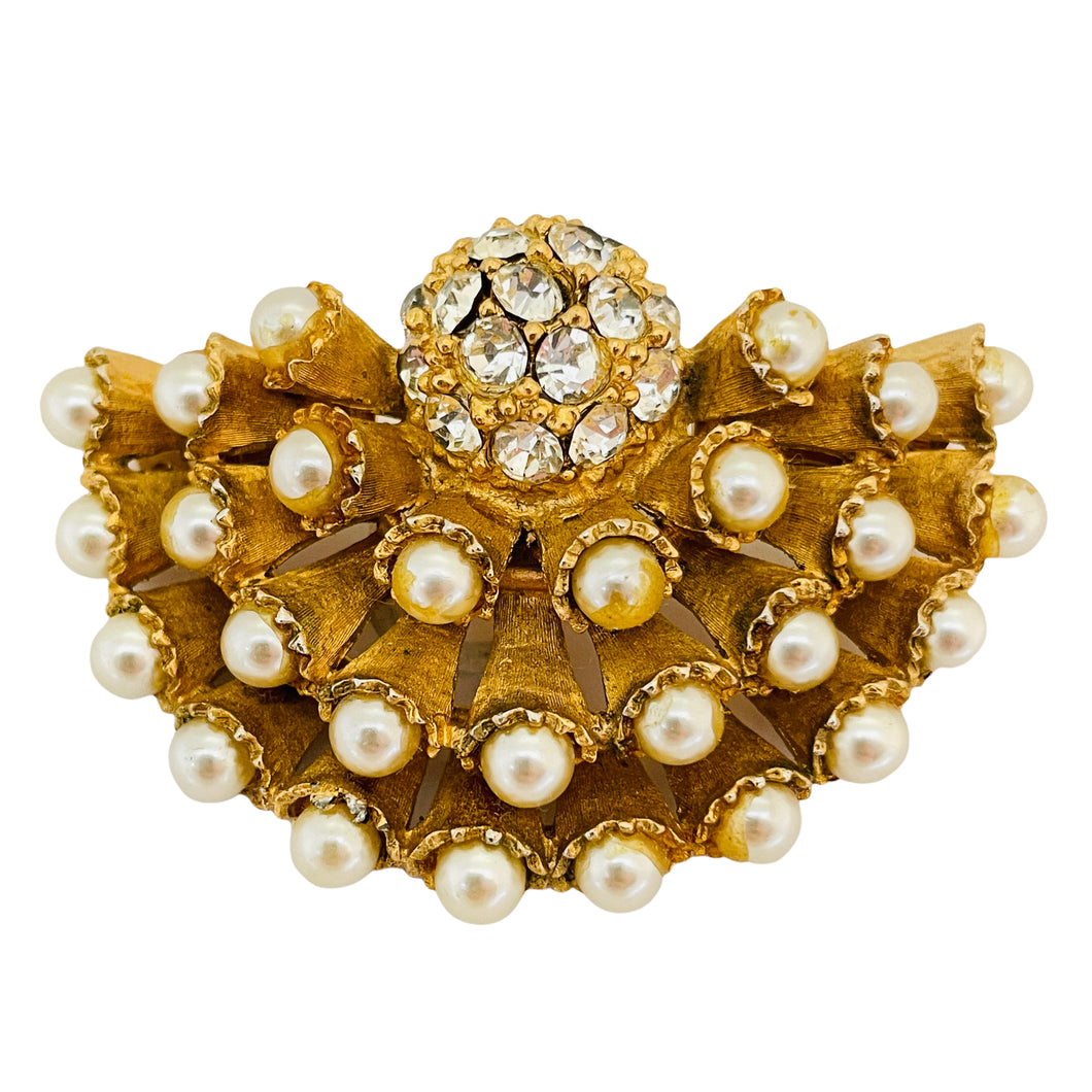 Vintage HAR gold pearl rhinestone fan designer brooch