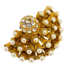 Load image into Gallery viewer, Vintage HAR gold pearl rhinestone fan designer brooch
