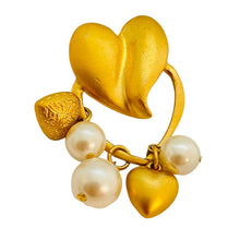 Load image into Gallery viewer, Vintage matte gold pearl dangle heart designer runway brooch
