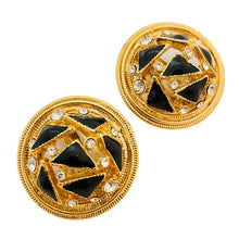 Load image into Gallery viewer, Vintage gold enamel rhinestone designer runway clip on earrings
