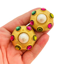 Load image into Gallery viewer, Vintage CRAFT huge gold pearl rhinestone designer runway clip on earrings
