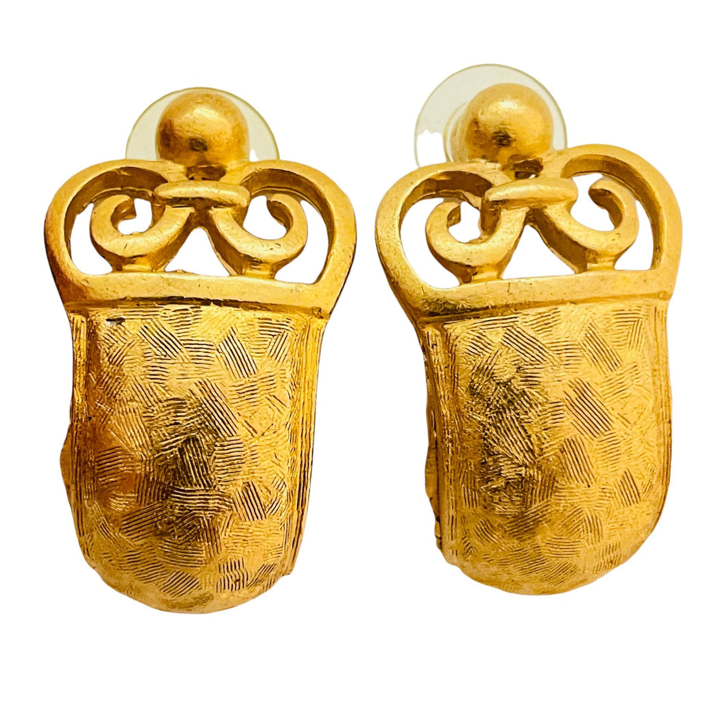 Vintage matte gold Etruscan style designer runway earrings