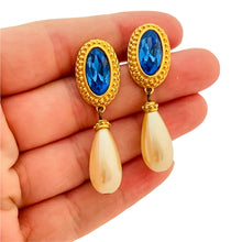 Load image into Gallery viewer, Vintage SWAROVSKI swan gold blue crystal drop pearl designer runway earrings

