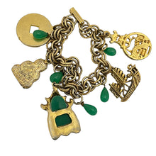 Load image into Gallery viewer, Vintage Asian gold fauc jade charm chain designer gold charm bracelet
