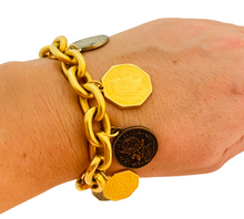 Load image into Gallery viewer, Vintage gold chain coin charm designer runway bracelet
