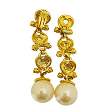 Load image into Gallery viewer, Vintage gold rhinestone pearl dangle jo huge clip on designer runway earrings
