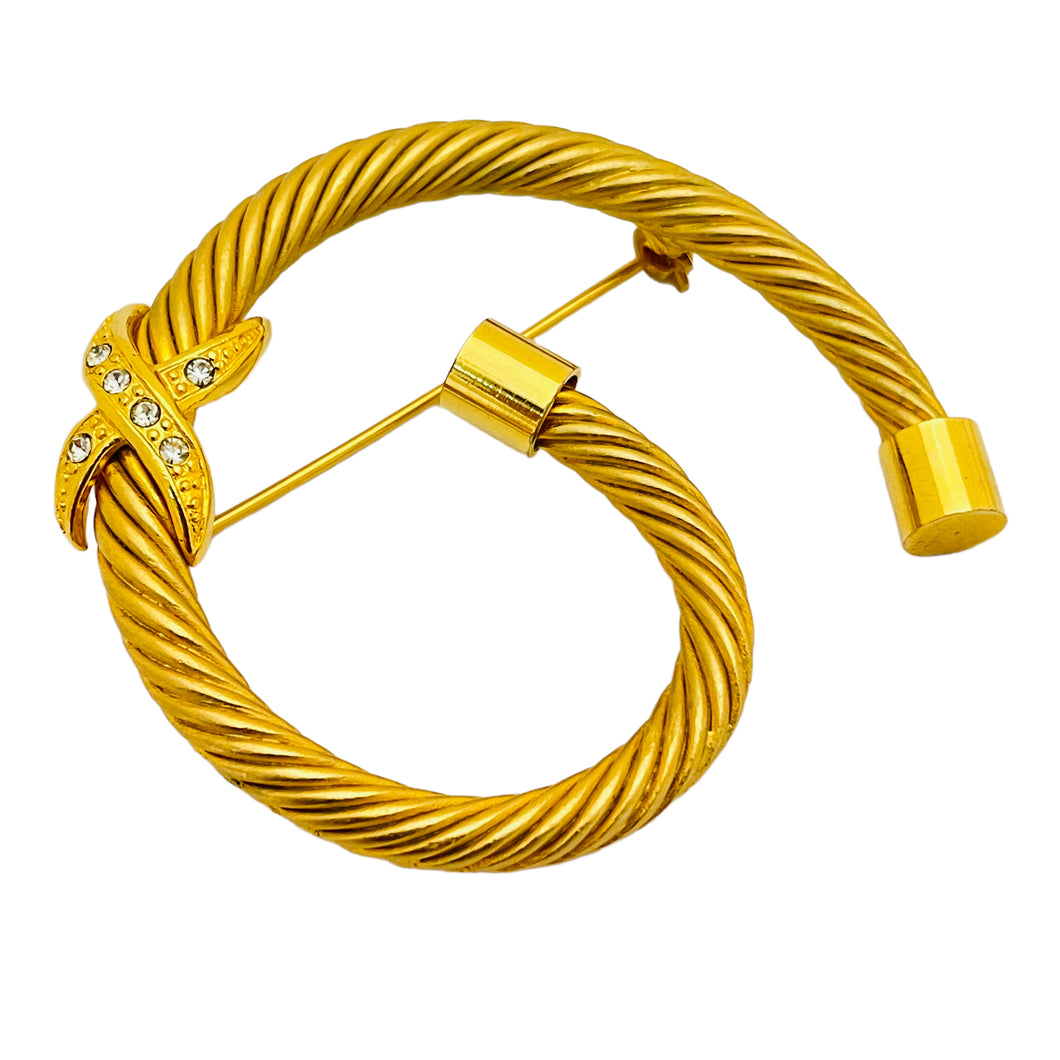 Vintage gold rope rhinestone designer runway brooch