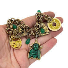 Load image into Gallery viewer, Vintage Asian gold fauc jade charm chain designer gold charm bracelet
