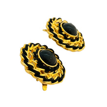 Load image into Gallery viewer, Vintage gold chain black clip on designer runway earrings
